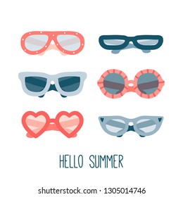 Colorful summer glasses set. Flat vector fashion illustration. Collection of different hand drawn glasses types hipster, retro, vintage, modern, classic. Cute illustration with accessories