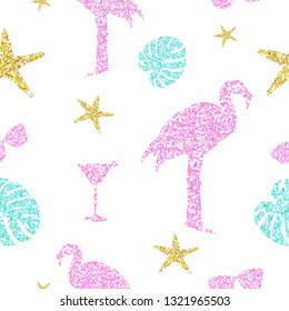Colorful summer glitter elements seamless pattern. Flamingo, monstera leafs, cocktails and sunglasses. Trendy shiny endless background