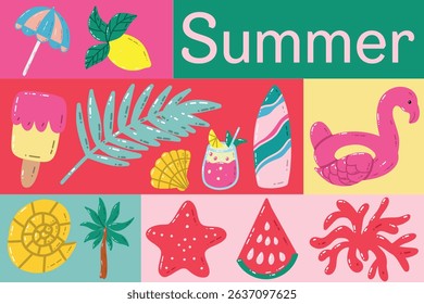 Colorful Summer Graphic with Fun Icons and Vacation Themes. Vibrant and whimsical summer-themed graphic illustration featuring tropical and beach items such as ice cream, palm trees, a flamingo