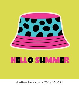 Colorful Summer Hat Illustration with Polka Dots. Bucket hat with bold pink and turquoise polka dots on a yellow background. Text Hello Summer highlights a fun, seasonal theme.