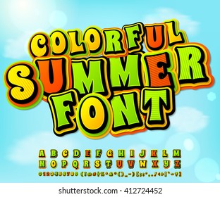 Colorful summer high detail comic font on the summer background. Alphabet in style of comics, pop art. Multilayer letters and figures for illustrations, websites, posters, comics, banners