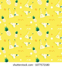 Colorful summer holiday illustration seamless pattern with pineapple fruit and bikinis on yellow background