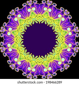 Colorful summer holiday ornament. Mandala. Circle with seaweed and corals. Bright underwater seamless pattern with beautiful corals. 