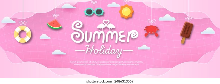 A colorful summer holiday poster with a pink background. The poster features a variety of summer-themed items such as sunglasses, a crab, a flamingo, a watermelon, and a beach ball