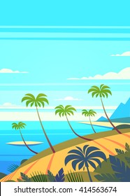 Colorful summer holidays poster, background with tropical island, sandy beach, palms and the ocean. Vector illustration.