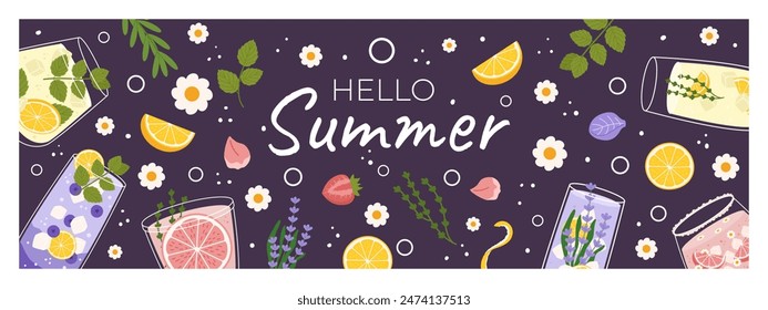 Colorful summer horizontal banner with citrus and berry drinks, mint and floral garnishes, dark background. Text Hello Summer is surrounded by scattered daisies, leaves, and fruit slices