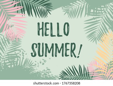 Colorful summer horizontal banner with hand drawn tropical palm trees. Hello summer text. Space for text