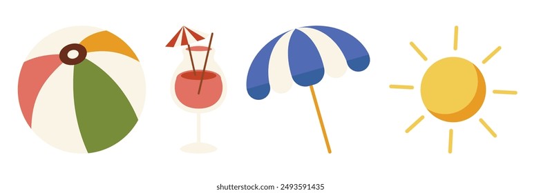 Colorful summer icons: beachball, sun, cocktail, and beach umbrella.