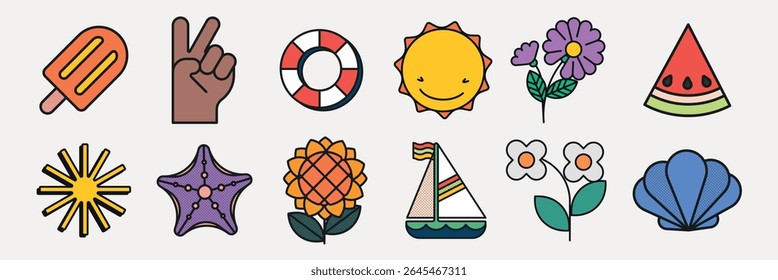 Colorful summer icons featuring popsicle, peace sign, lifebuoy, sun, flower, watermelon, starfish, sailboat, and seashell. Bright and playful summer designs. Summer vacation illustrations, vector set.