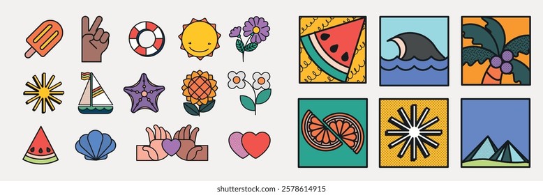 Colorful summer icons featuring popsicles, peace signs, flowers, and waves. Includes watermelon, sun, and palm trees. Bright, playful summer vibes. Summer vacation illustrations, vector set.