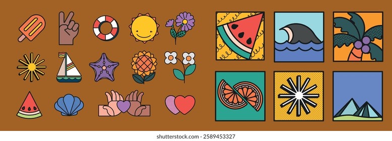 Colorful summer icons featuring sun, watermelon, waves, and flowers. Includes beach and tropical themes with vibrant, playful designs. Perfect for summer vibes. Summer vacation illustrations, vectors.