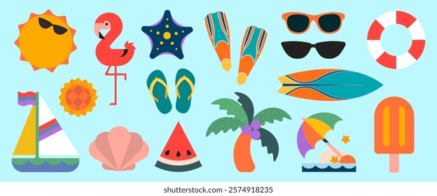 Colorful summer icons: flamingo, surfboard, and sunglasses. Vibrant summer vibes with flamingo, surfboard, and sunglasses. Enjoy summer fun! Cute illustrations, isolated vector set.