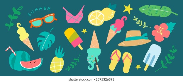 Colorful summer icons with ice cream, tropical leaves, and beachwear. Summer vibes with ice cream and tropical themes. Fun summer and tropical elements. Cute illustrations, isolated vector set.