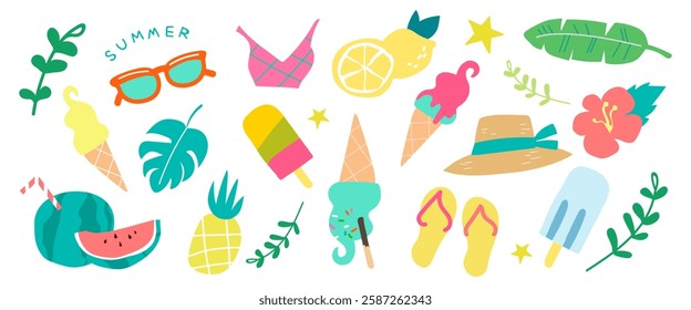 Colorful summer icons: ice cream, sunglasses, and tropical fruits. Summer vibes with ice cream and tropical elements. Enjoy summer with tropical fun. Cute illustrations, isolated vector set.