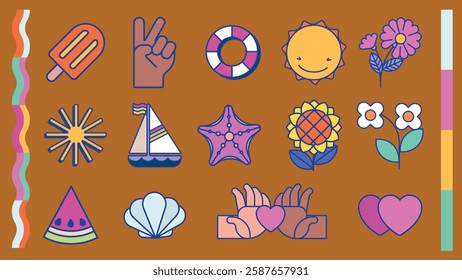 Colorful summer icons on a brown background. Includes sun, flowers, watermelon, and a peace sign. Vibrant summer vibes with playful, cheerful designs. Summer vacation illustrations, vector set.