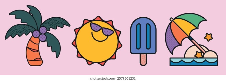 Colorful summer icons: palm tree, sun with sunglasses, popsicle, beach umbrella. Vibrant summer vibes with palm, sun, popsicle, and umbrella. Summer vacation illustrations, vector set.