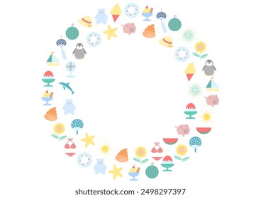 Colorful summer icons pattern. Frame design with summer images. Vector illustration. White background.
