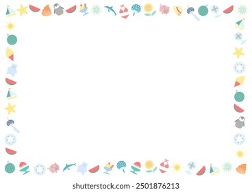 Colorful summer icons pattern. Frame design with summer images. Vector illustration. White background.
