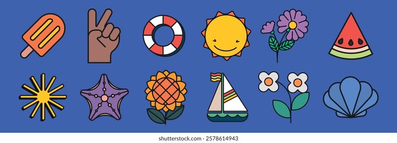 Colorful summer icons: popsicle, peace sign, lifebuoy, sun, flower, watermelon, starfish, sailboat, seashell. Bright summer symbols on blue background. Summer vacation illustrations, vector set.