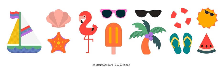 Colorful summer icons: sailboat, seashell, flamingo, popsicle, palm tree, sunglasses, and watermelon. Bright summer vibes with playful summer icons. Cute illustrations, isolated vector set.