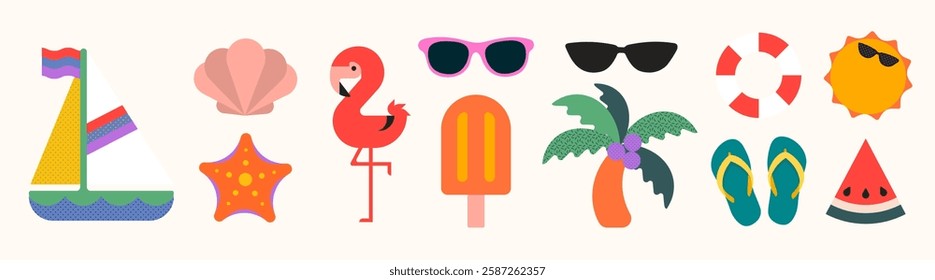 Colorful summer icons: sailboat, seashell, flamingo, sunglasses, palm tree, flip-flops, and watermelon. Perfect for summer-themed designs and fun projects. Cute illustrations, isolated vector set.