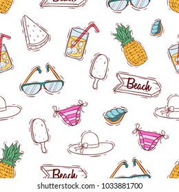 colorful of summer icons in seamless pattern with doodle or hand drawn style
