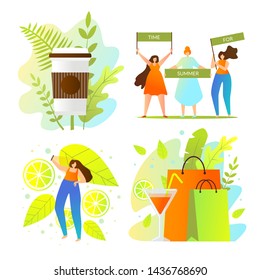 Colorful Summer Icons Set, Girls Holding Banners with Summertime Slogans, Shopping Bags, Woman Making Selfie Outdoors, Summer Time Hot and Cold Drinks, Floral Pattern. Cartoon Flat Vector Illustration