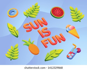 Colorful summer icons set with leaves, watermelon,cocktail, pineapple and donut for web and printing.