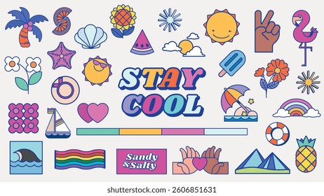 Colorful summer icons with sun, beach, and ocean themes. Includes sun, beach, ocean, and summers like palm trees, waves, and rainbows. Stay cool vibe. Summer vacation illustrations, vector set.