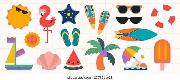 Colorful summer icons: sun, flamingo, starfish, sunglasses, and surfboard. Bright summer vibes with sun, flamingo, and beach essentials. Cute illustrations, isolated vector set.