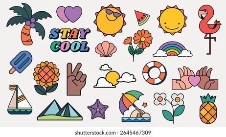 Colorful summer icons with sun and flowers. Stay cool with vibrant sun, palm, and flower designs. Fun summer vibes with sun, palm, and flower motifs. Summer vacation illustrations, vector set.