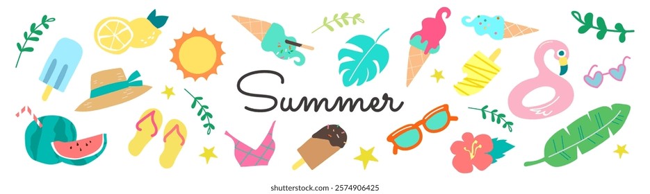 Colorful summer icons: sun, ice cream, watermelon, sunglasses, and flamingo. Summer vibes with sun, ice cream, and tropical leaves. Enjoy summer fun! Cute illustrations, isolated vector set.