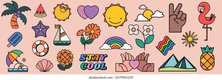 Colorful summer icons with sun, palm trees, and rainbows. Includes flowers, peace signs, and flamingos. Bright, cheerful summer vibes with playful designs. Summer vacation illustrations, vector set.