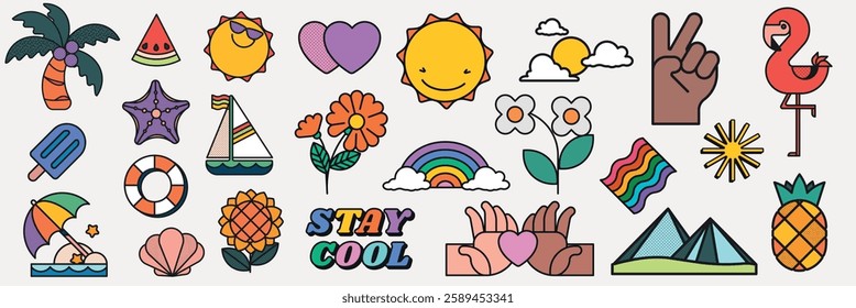 Colorful summer icons with sun, palm, rainbow, and pineapple. Vibrant summer vibes with sun, palm, and rainbow. Fun summer icons: sun, palm, rainbow, pineapple. Summer vacation illustrations, vectors.