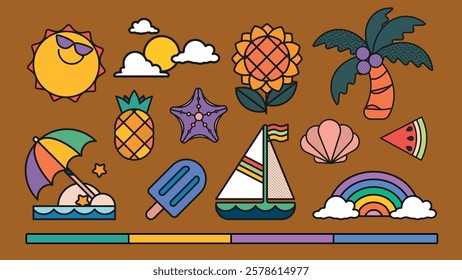 Colorful summer icons with sun, pineapple, palm tree, and sailboat. Includes rainbow, starfish, and ice cream. Bright, playful summer theme. Summer vacation illustrations, vector set.