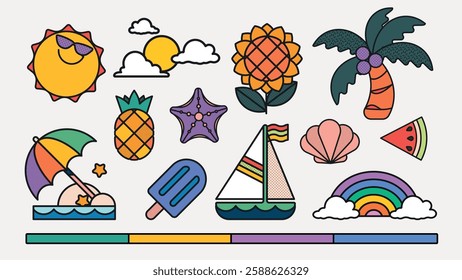 Colorful summer icons: sun, pineapple, palm tree, sailboat, rainbow. Vibrant summer vibes with sun, pineapple, and palm tree. Fun summers: sun, pineapple. Summer vacation illustrations, vector set.