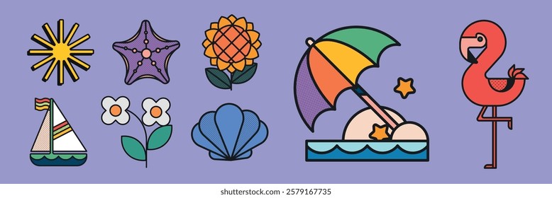 Colorful summer icons: sun, starfish, flower, umbrella, sailboat, seashell, flamingo. Bright summer vibes with playful summers on a purple background. Summer vacation illustrations, vector set.