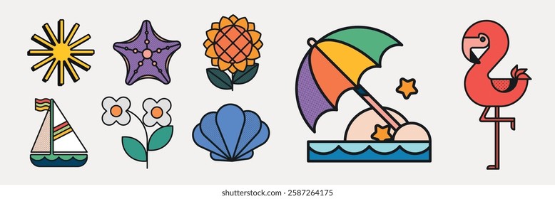 Colorful summer icons: sun, starfish, flower, umbrella, flamingo, sailboat, shell. Bright summer vibes with sun, starfish, and umbrella. Fun summer elements. Summer vacation illustrations, vector set.