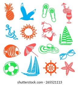 colorful summer icons symbolizing summer vacation, travel