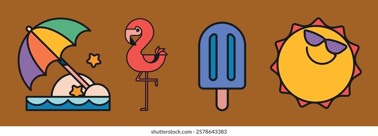 Colorful summer icons: umbrella, flamingo, popsicle, sun. Bright summer vibes with umbrella and sun. Fun summers: umbrella, flamingo, popsicle, sun. Summer vacation illustrations, vector set.