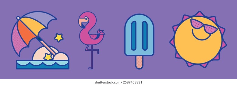 Colorful summer icons: umbrella, flamingo, popsicle, sun. Bright summer vibes with playful summer symbols. Perfect for summer-themed designs. Summer vacation illustrations, vector set.