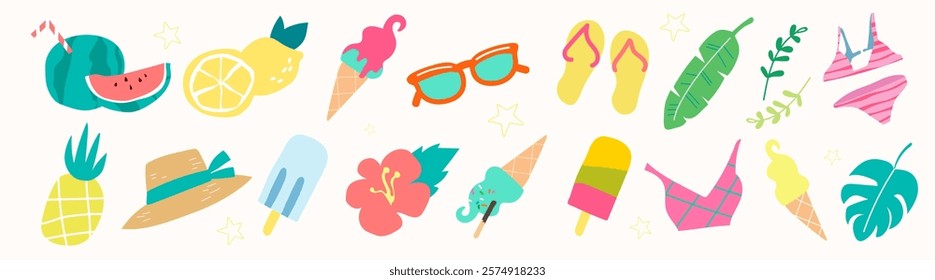 Colorful summer icons with watermelon, ice cream, sunglasses, and flip-flops. Ice cream and watermelon bring summer vibes. Sunglasses and flip-flops add fun. Cute illustrations, isolated vector set.