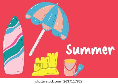 Colorful Summer Illustration Featuring Beach Umbrella, Surfboard, Sandcastle, and Bucket. Illustration depicting summer beach elements including a vibrant surfboard, umbrella, sandcastle, and bucket 