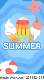 Colorful summer illustration featuring ice cream, beach ball, and starfish against a vibrant blue background