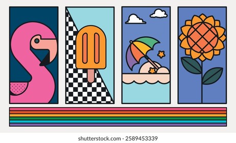 Colorful summer illustration with flamingo, popsicle, beach umbrella, and sunflower. Bright summer vibes with playful summers and vibrant summer colors. Summer vacation illustrations, vector set.