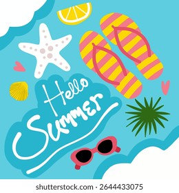 Colorful summer illustration with flip flops, starfish, lemon slice, palm leaf, and sunglasses. Fun beach vibe with “Hello Summer” text. Perfect for posters, cards, and web design.