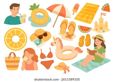 Colorful summer illustration with people, floats, swimsuits, food, beachwear and tropical accessories.