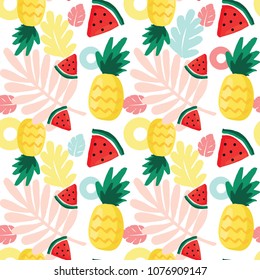 Colorful summer illustration seamless pattern of tropical fruits, watermelons and pineapples