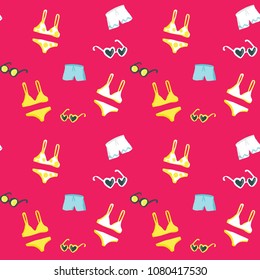 Colorful summer illustration seamless pettern with swimwear and sunglasses on pink background