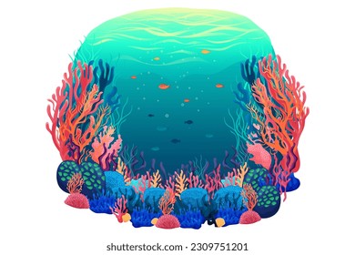 Colorful summer illustration with underwater world, fish, coral reefs, seaweed, beautiful ocean, vector